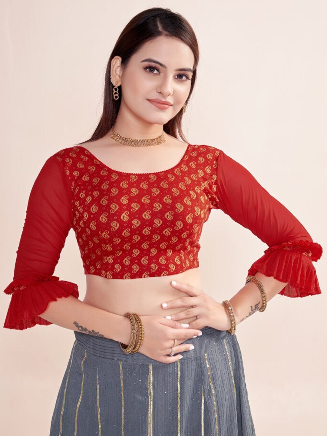 

HIMRISE Foil Printed Saree Blouse, Red