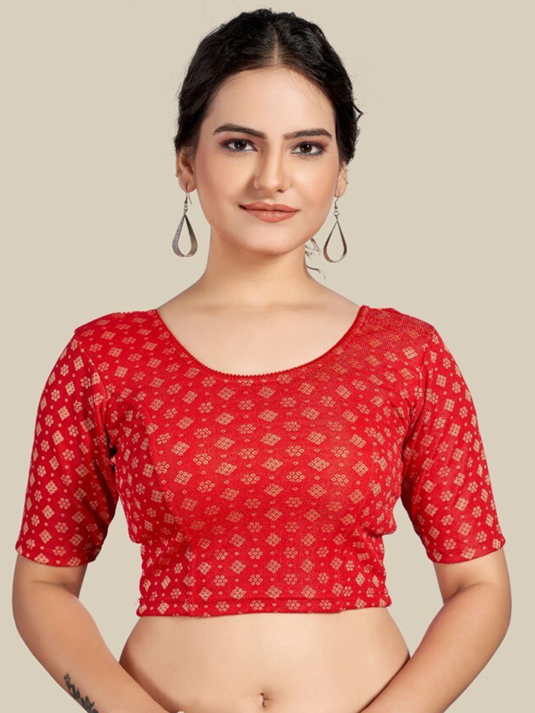 

HIMRISE Bandhani Printed Saree Blouse, Red