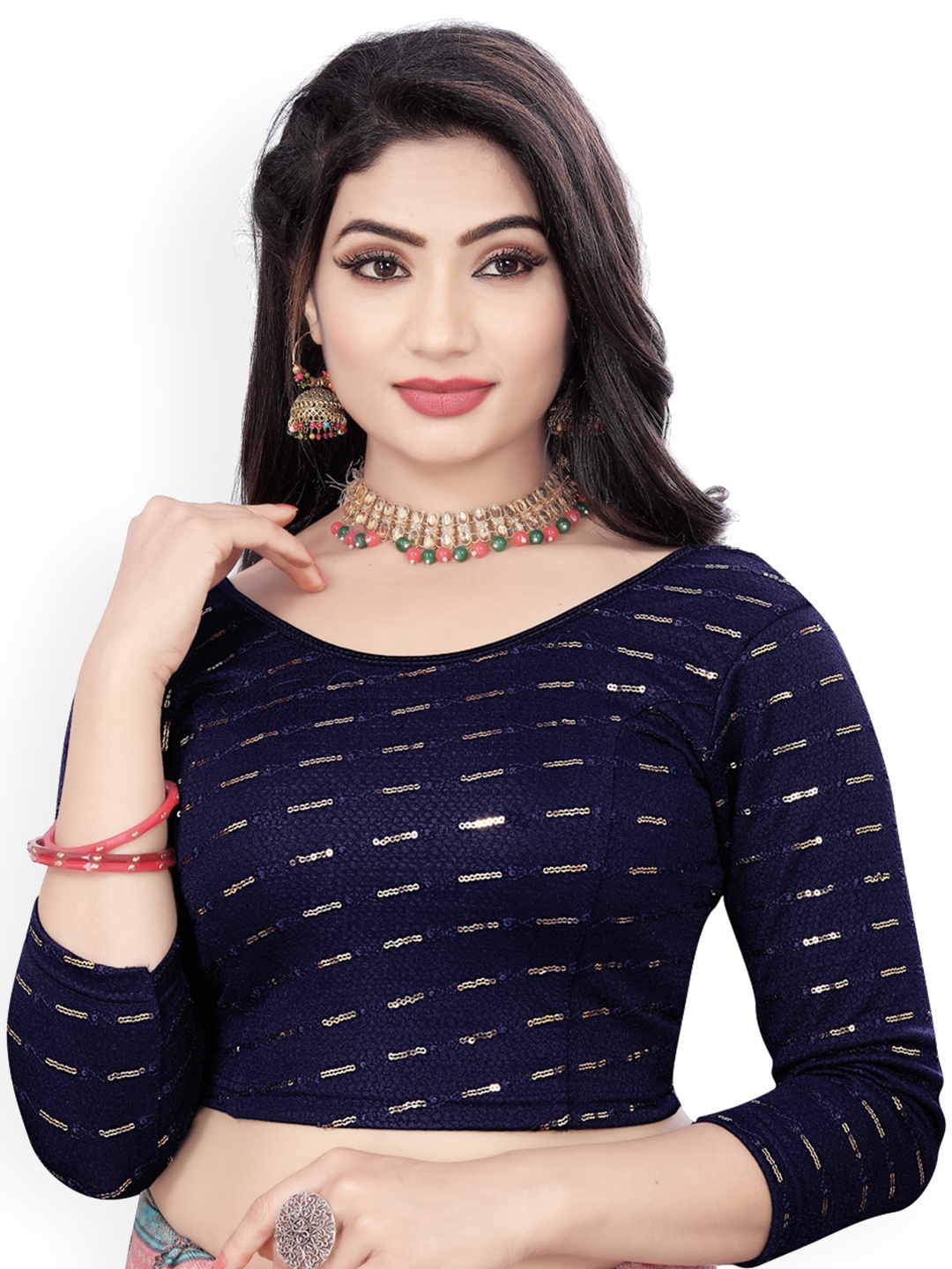 

HIMRISE Embriodered Sequinned Saree Blouse, Navy blue