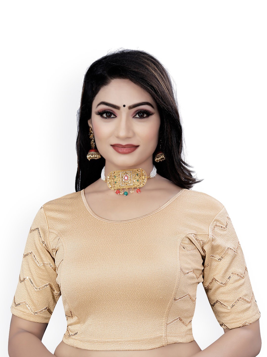 

HIMRISE Plus Size Embroidered Sequined Saree Blouse, Beige
