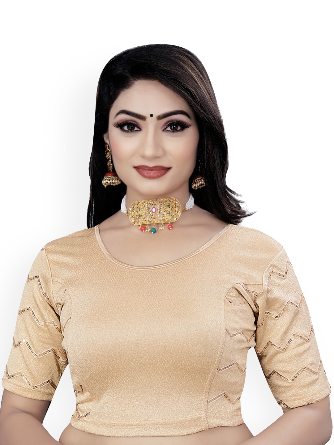 

HIMRISE Sequinned Round Neck Saree Blouse, Beige