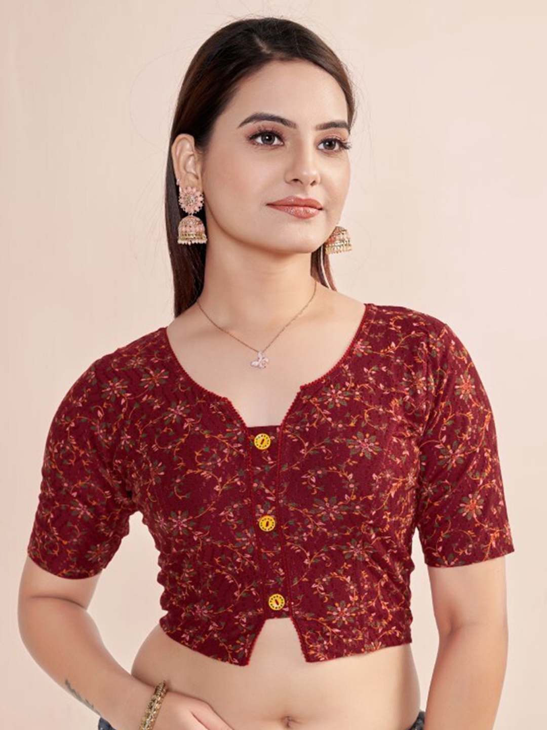 

HIMRISE Floral Printed Saree Blouse, Maroon