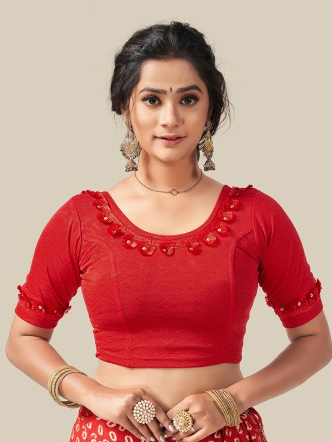 

HIMRISE Embellished Thread Work Saree Blouse, Red