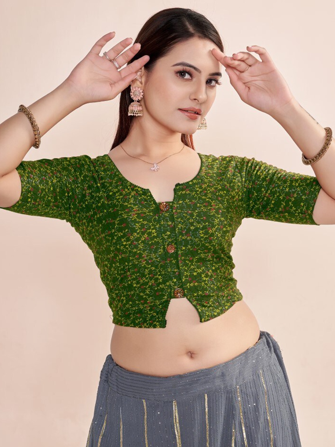

HIMRISE Floral Printed Round Neck Saree Blouse, Green
