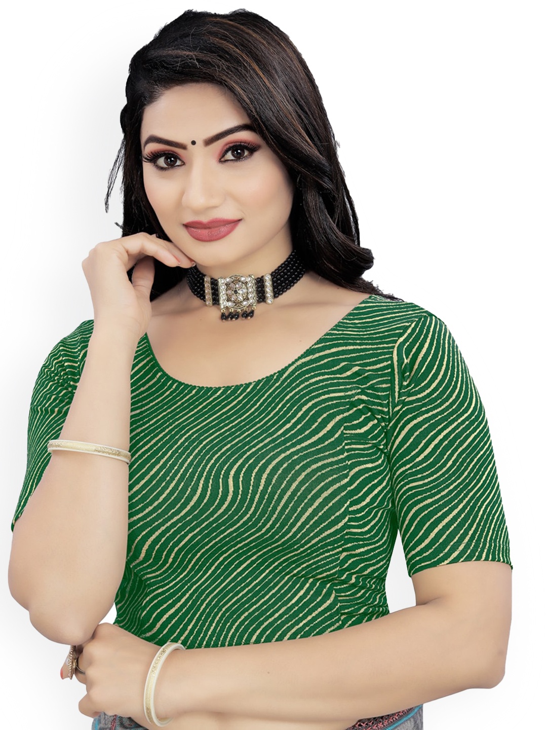 

HIMRISE Printed Round Neck Saree Blouse, Green