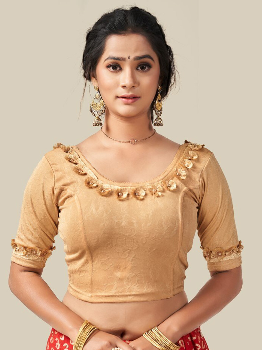 

HIMRISE Self Design Thread Worked Detailed Saree Blouse, Beige