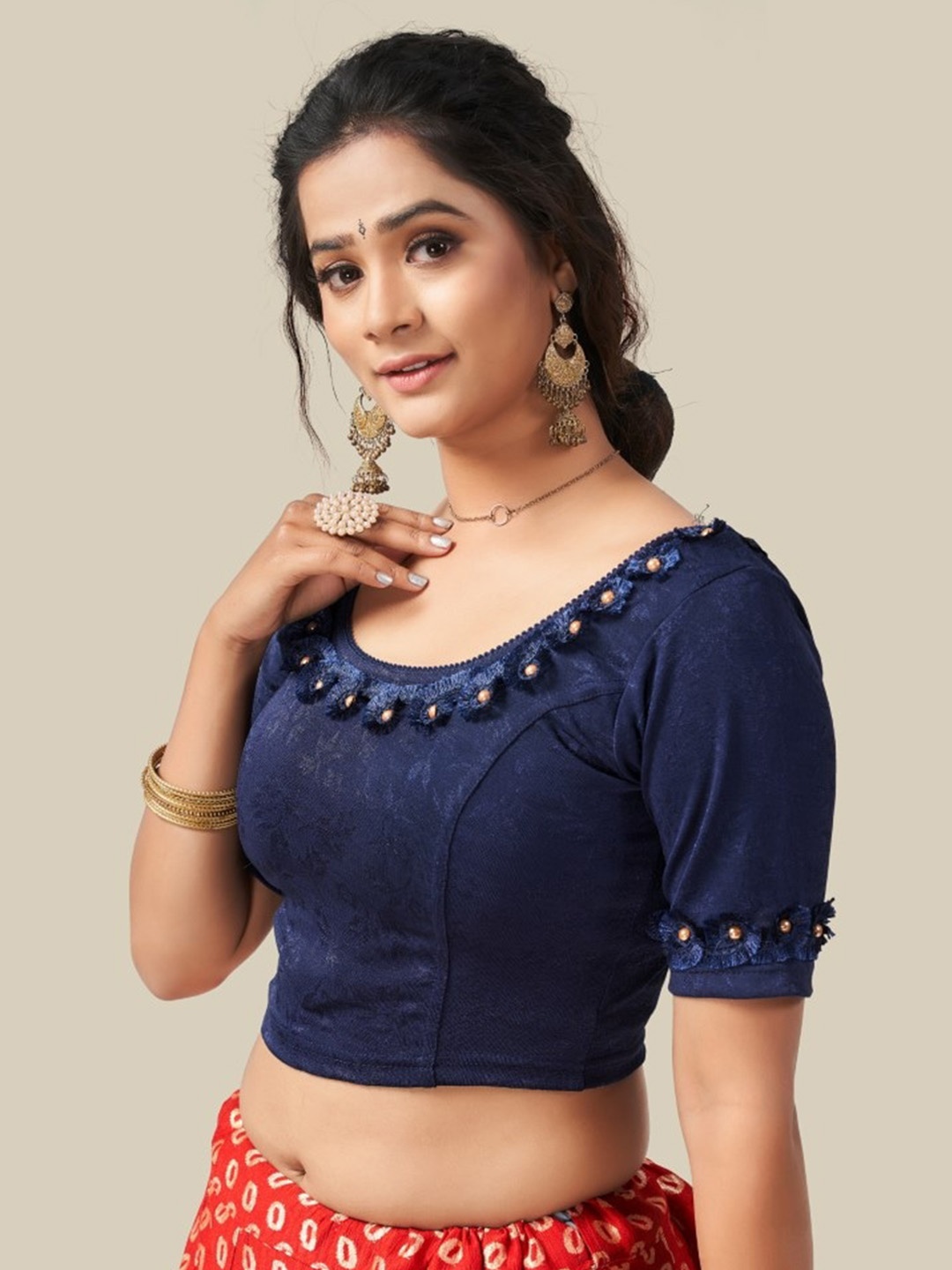 

HIMRISE Ethnic Motif Embroidered Saree Blouse, Navy blue