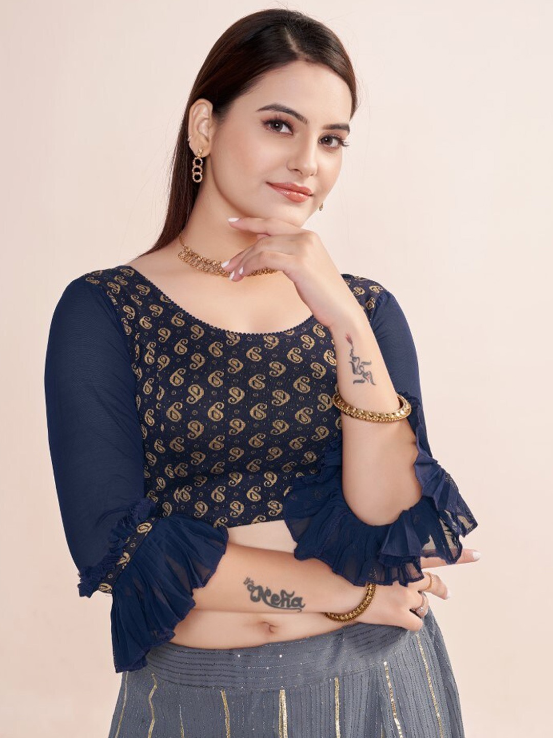 

HIMRISE Paisley Foil Printed Saree Blouse, Navy blue