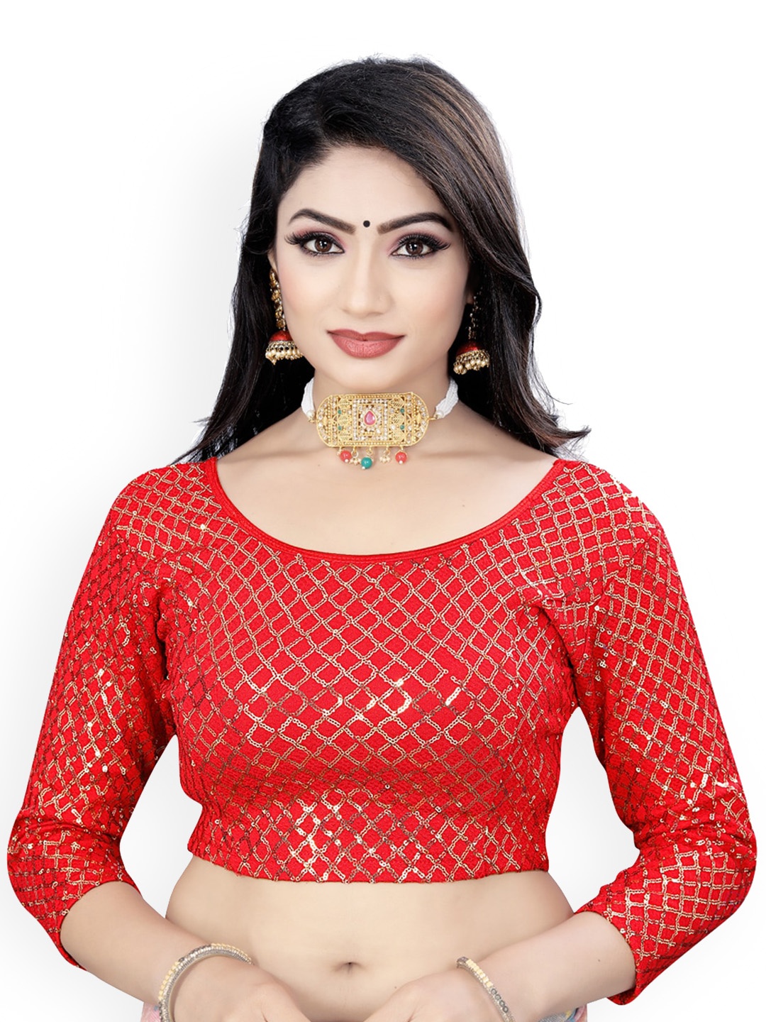 

HIMRISE Embroidered Sequinned Saree Blouse, Red