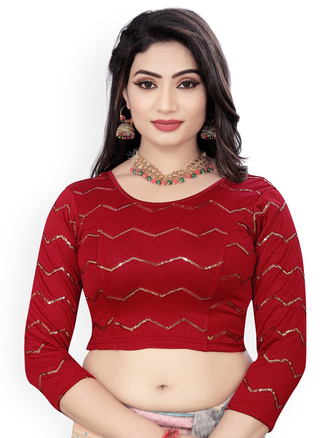 

HIMRISE Embriodered Round Neck Three-Quarter Sleeves Sequinned Saree Blouse, Maroon