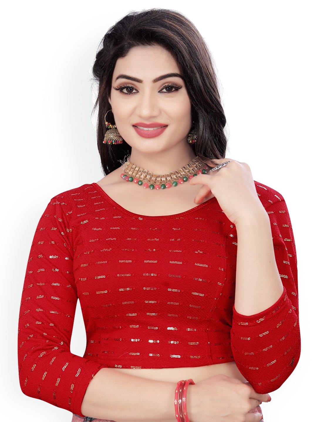 

HIMRISE Sequinned Round Neck Saree Blouse, Red