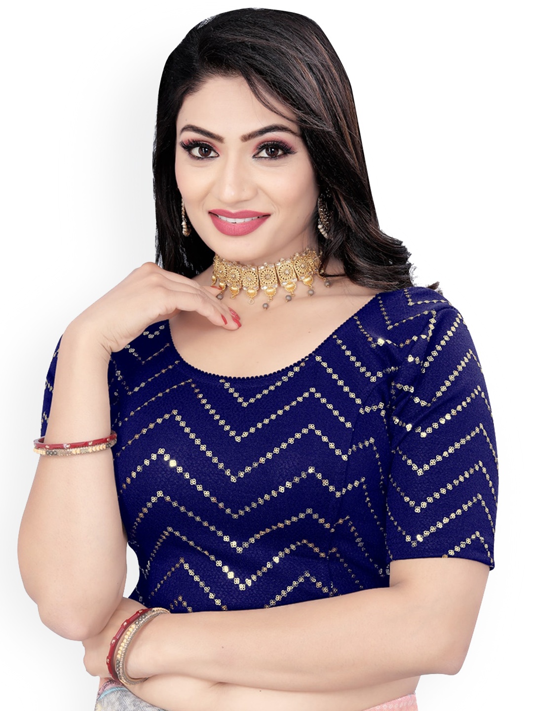 

HIMRISE Embroidered Sequinned Saree Blouse, Navy blue