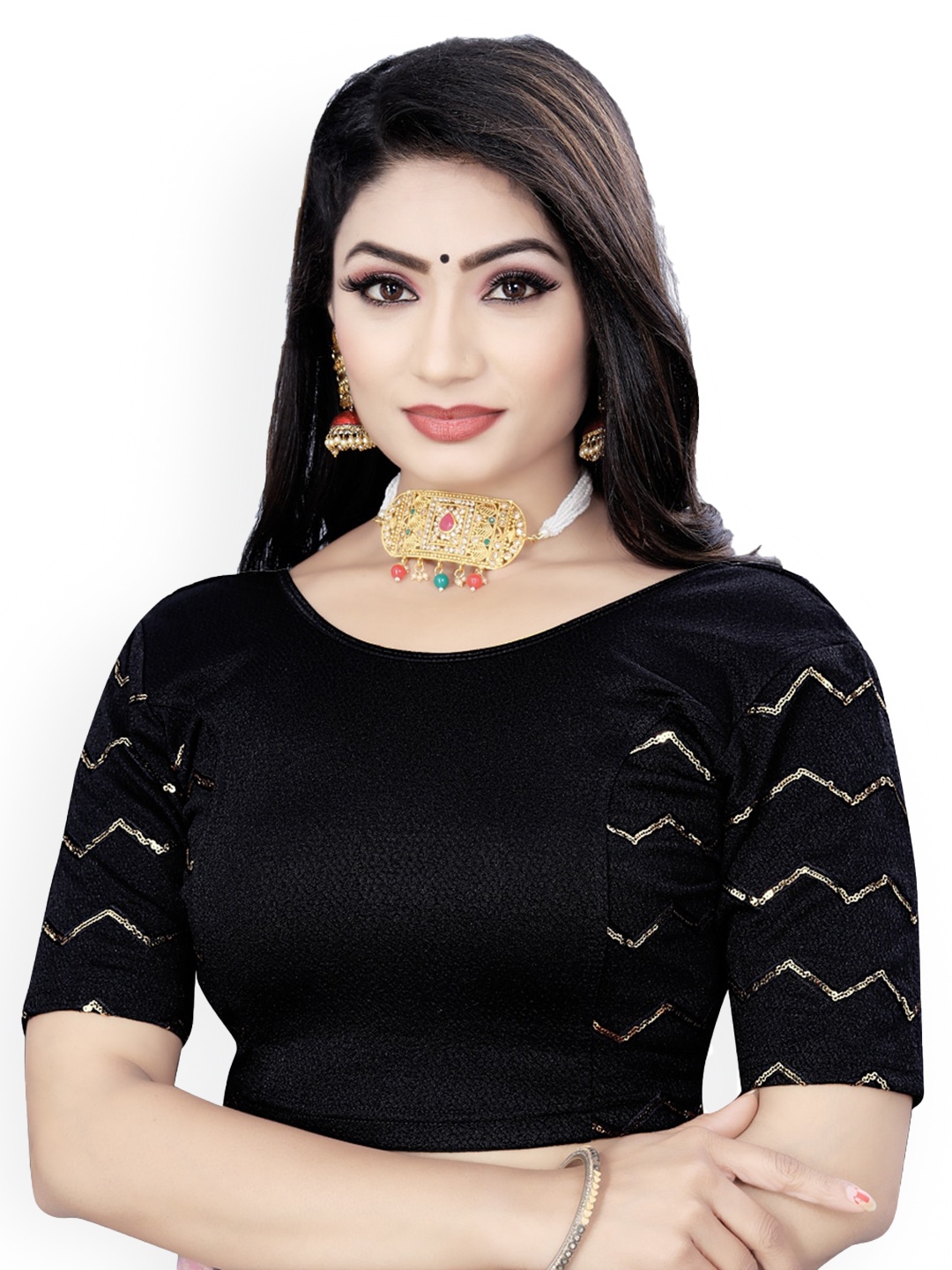 

HIMRISE Plus Size Embroidered Sequined Saree Blouse, Black