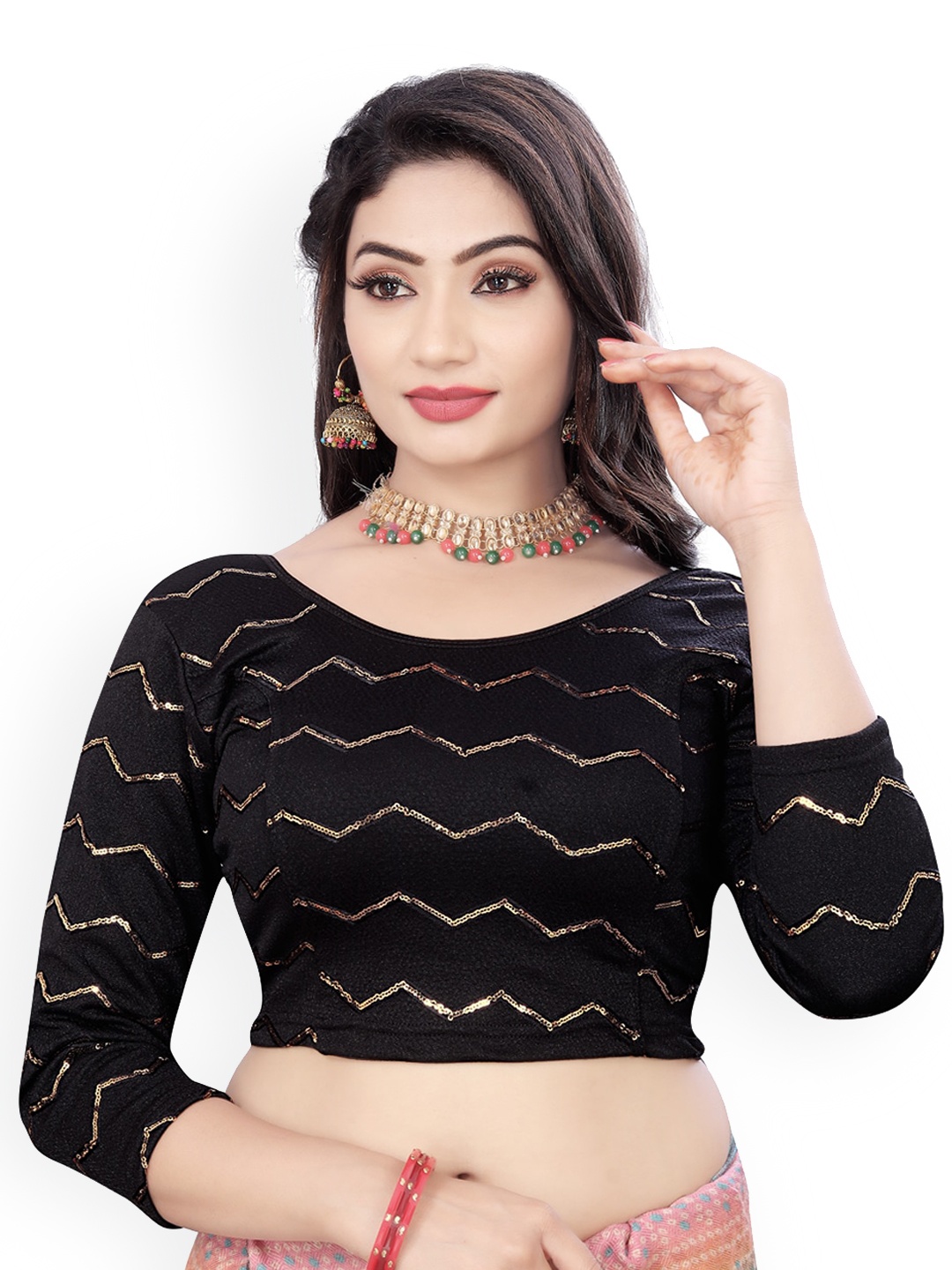 

HIMRISE Sequinned Round Neck Saree Blouse, Black