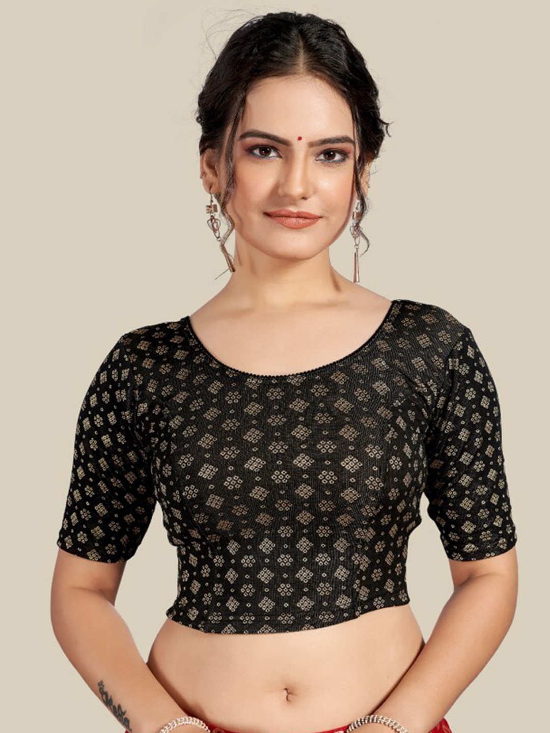 

HIMRISE Bandhani Printed Saree Blouse, Black