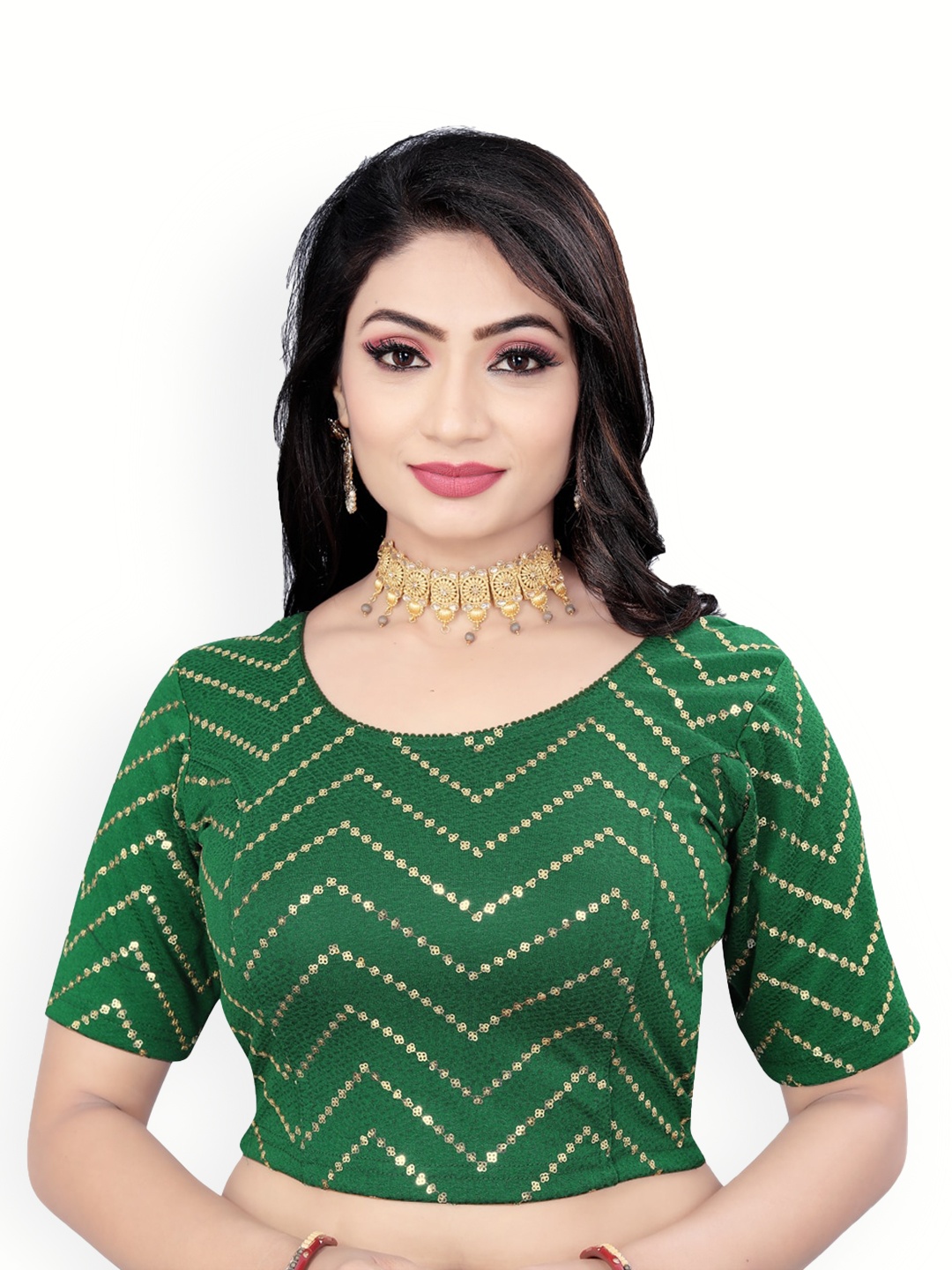 

HIMRISE Sequinned Round Neck Saree Blouse, Green