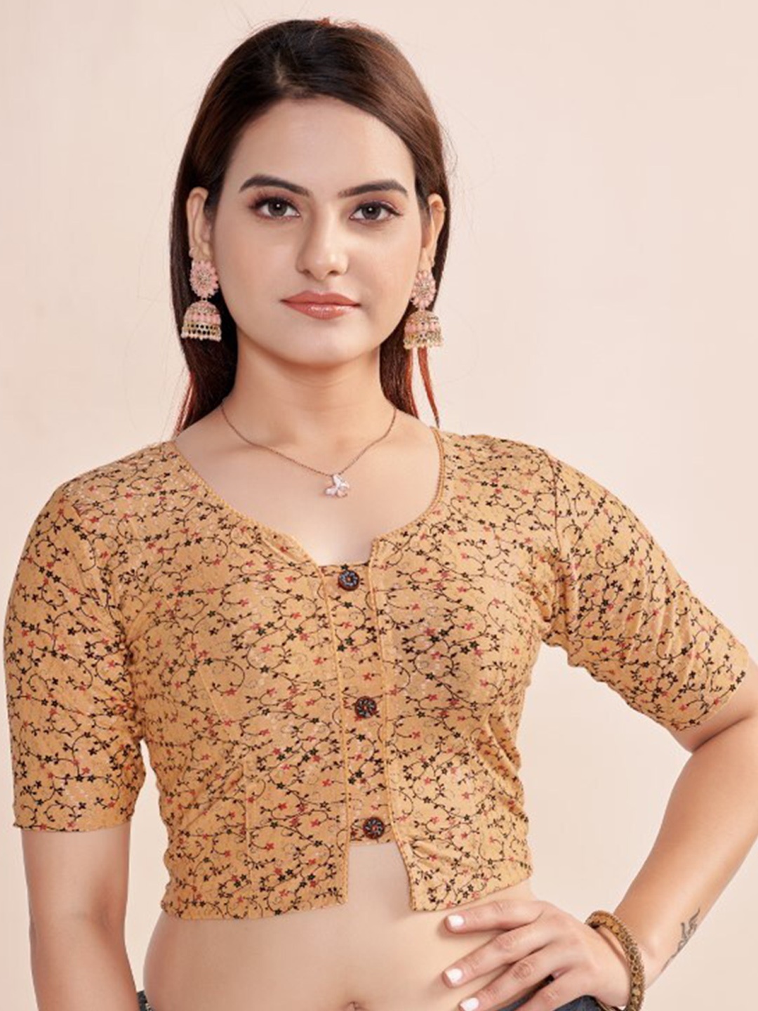 

HIMRISE Floral Printed Saree Blouse, Beige