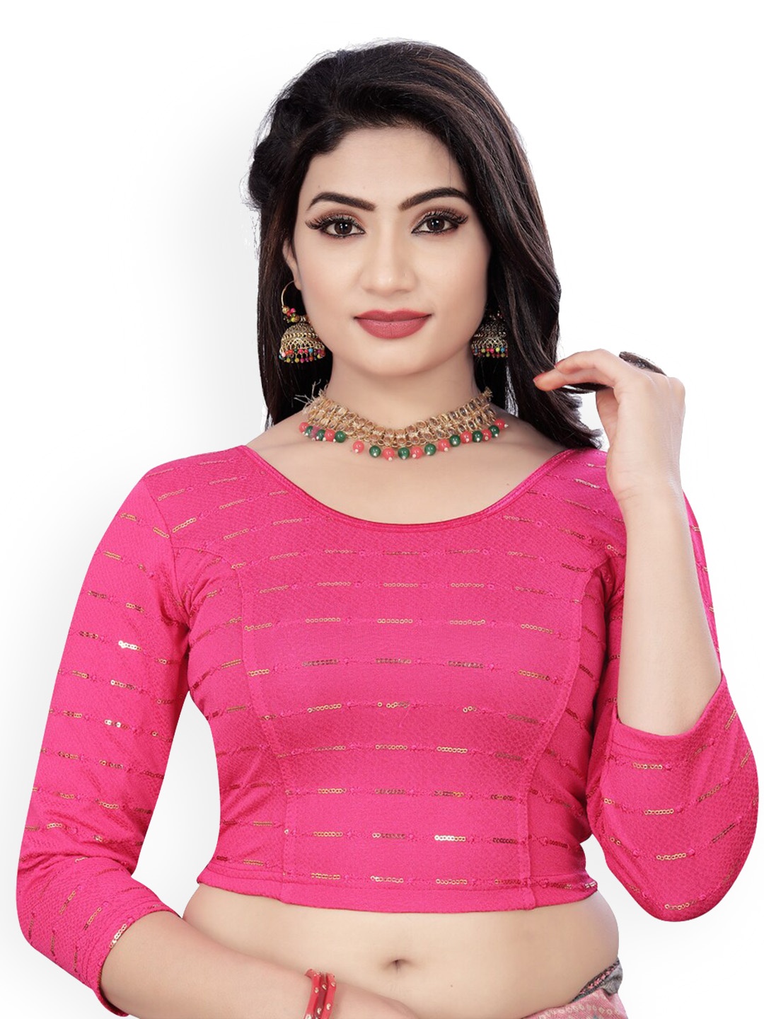 

HIMRISE Sequinned Round-Neck Saree Blouse, Pink