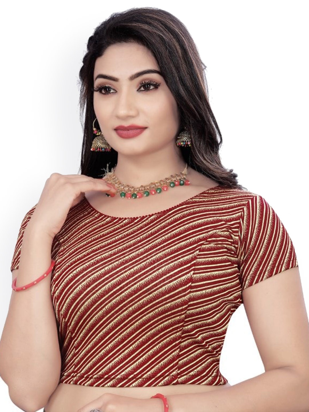 

HIMRISE Striped Short Sleeves Ready To Wear Saree Blouse, Maroon