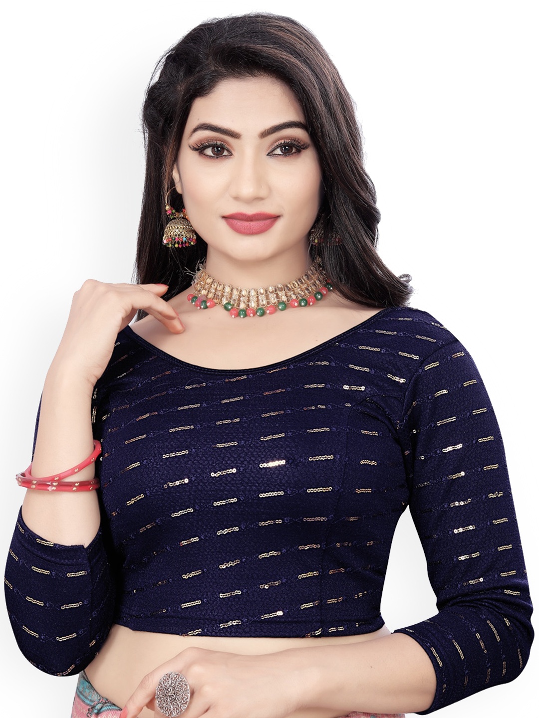 

HIMRISE Embroidered Sequinned Saree Blouse, Navy blue