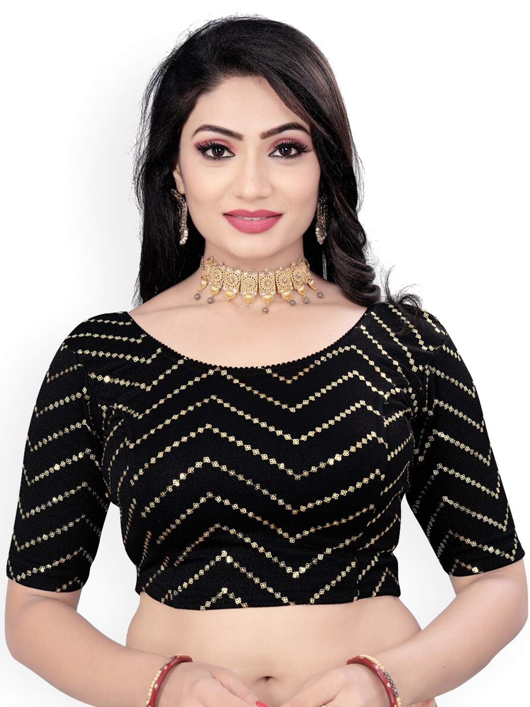 

HIMRISE Sequinned Round-Neck Saree Blouse, Black