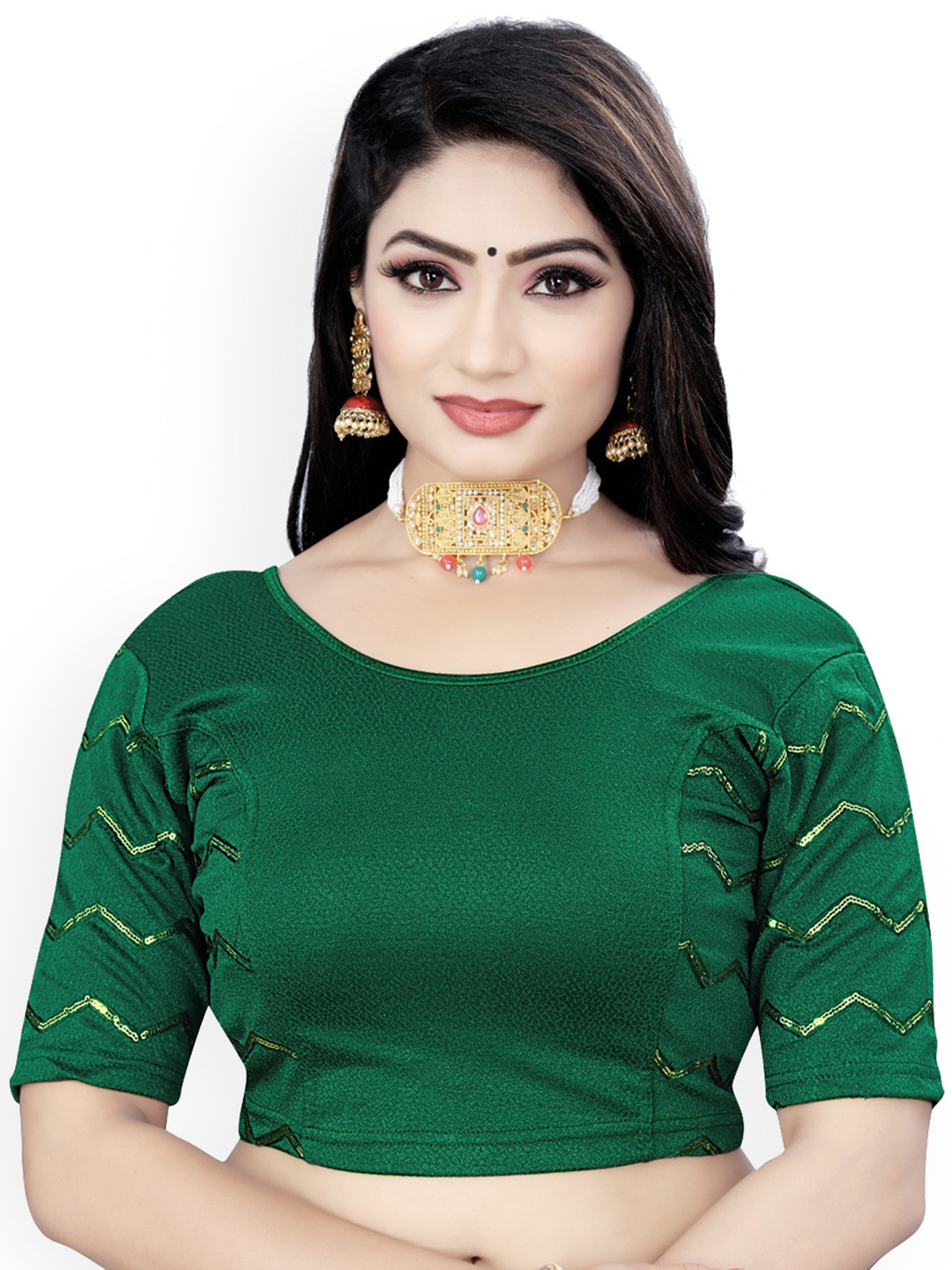 

HIMRISE Round Neck Sequinned Saree Blouse, Green