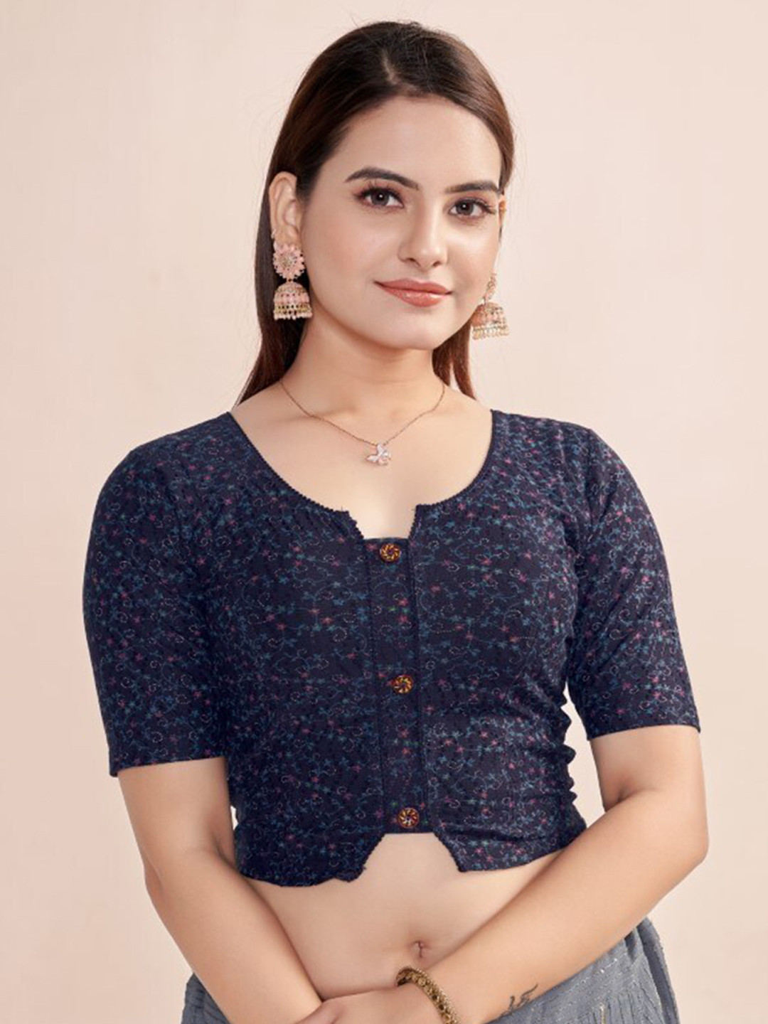 

HIMRISE Printed Saree Blouse, Navy blue