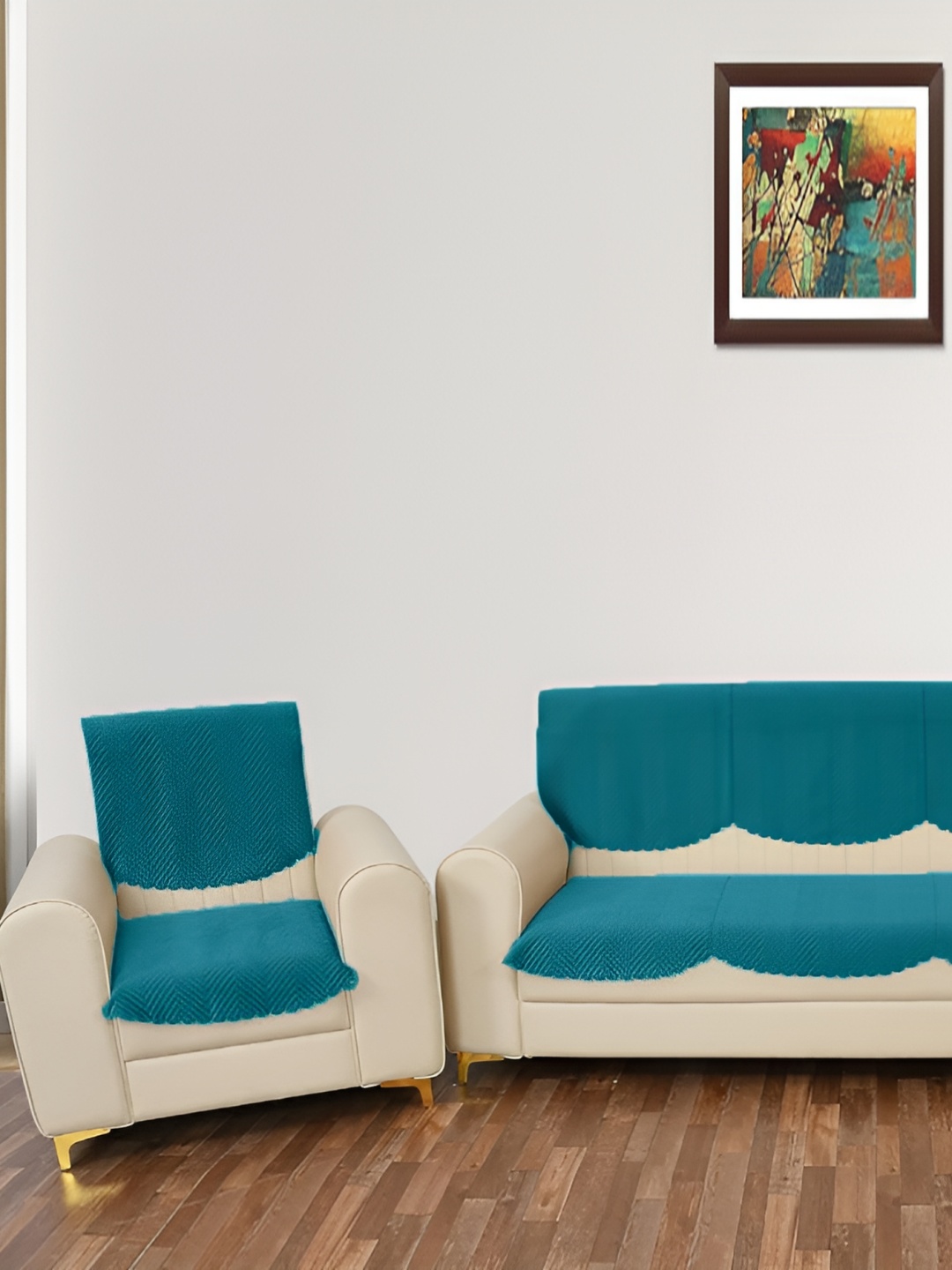 

Sparrow world Turquoise Blue 6 Pieces Quilted Velvet 5 Seater Sofa Covers