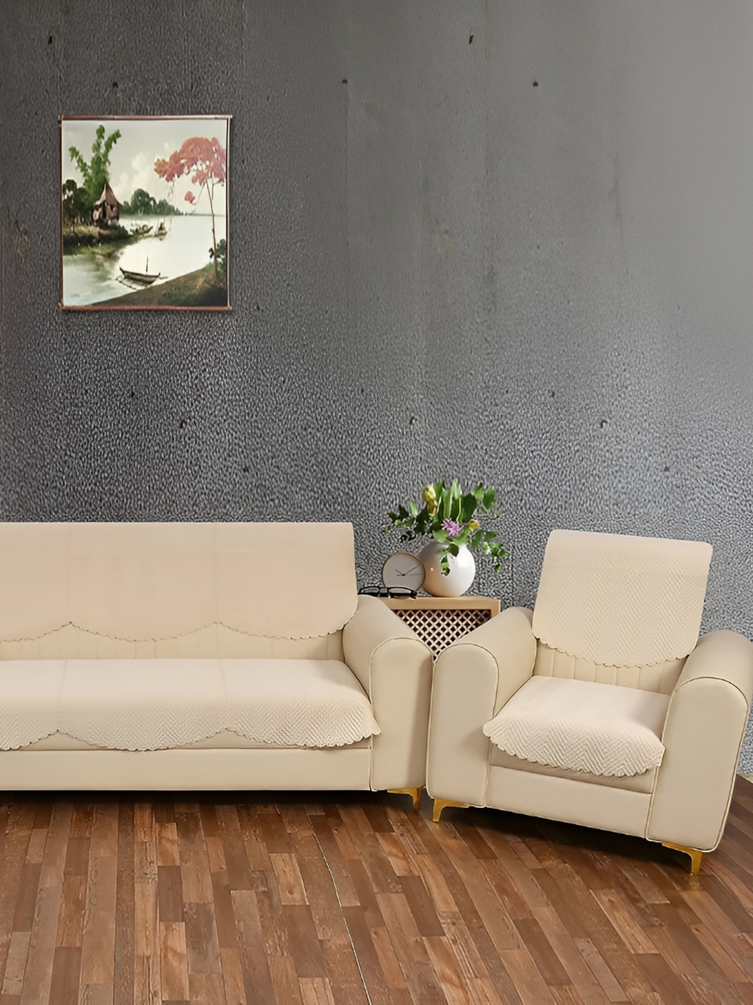 

Sparrow world Beige 6 Pieces Quilted Velvet 5 Seater Sofa Covers