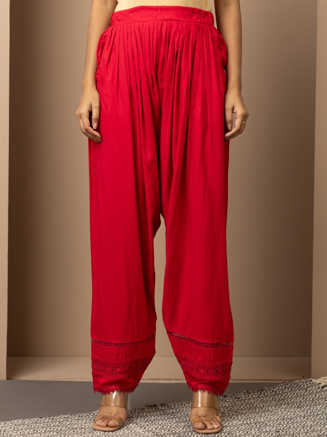 

Lakshita Women Pleated Salwar With Lace Work Hem, Red