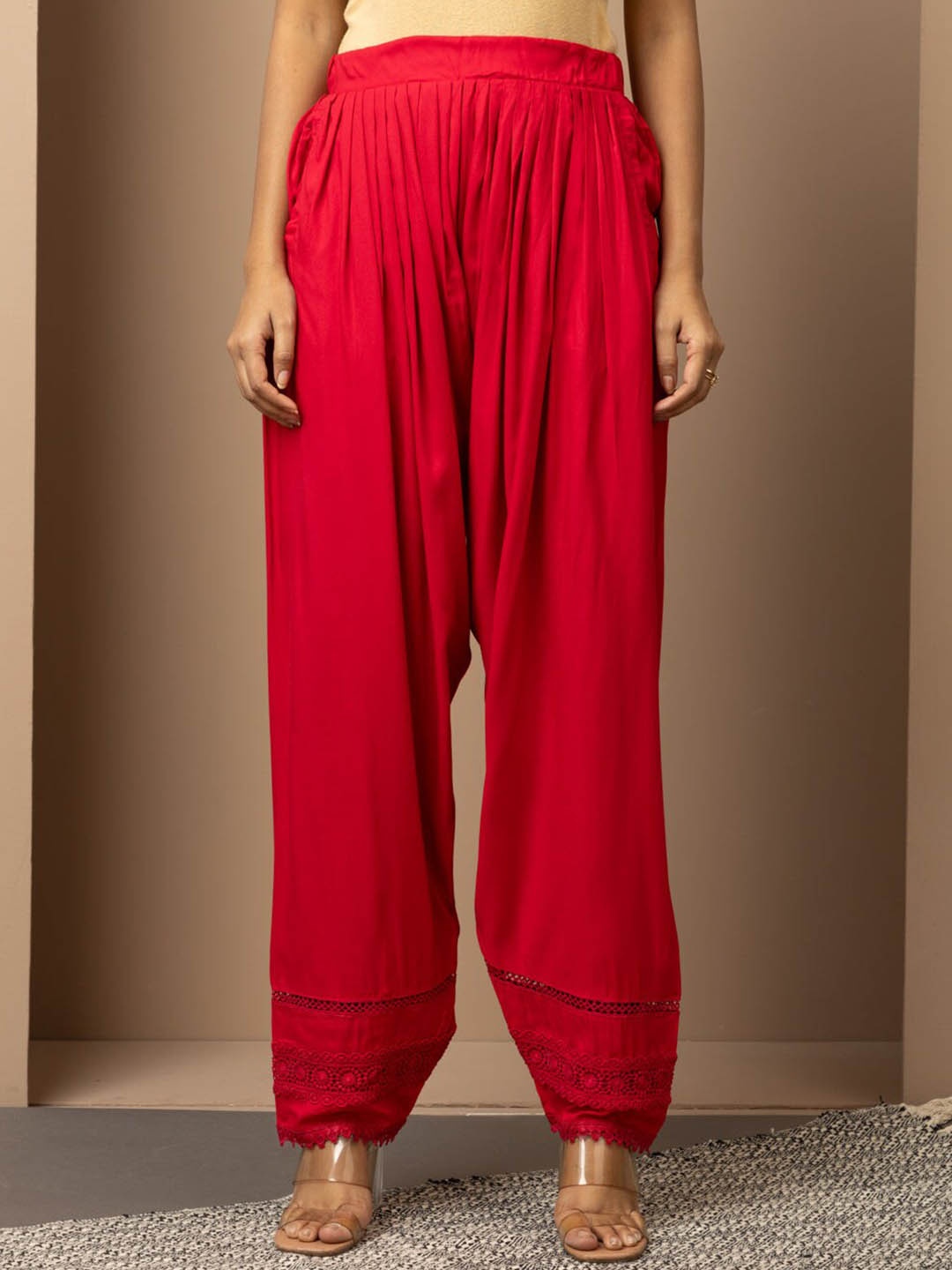 

Lakshita Women Lace Work Detailed Loose Fit Pleated Salwar, Red