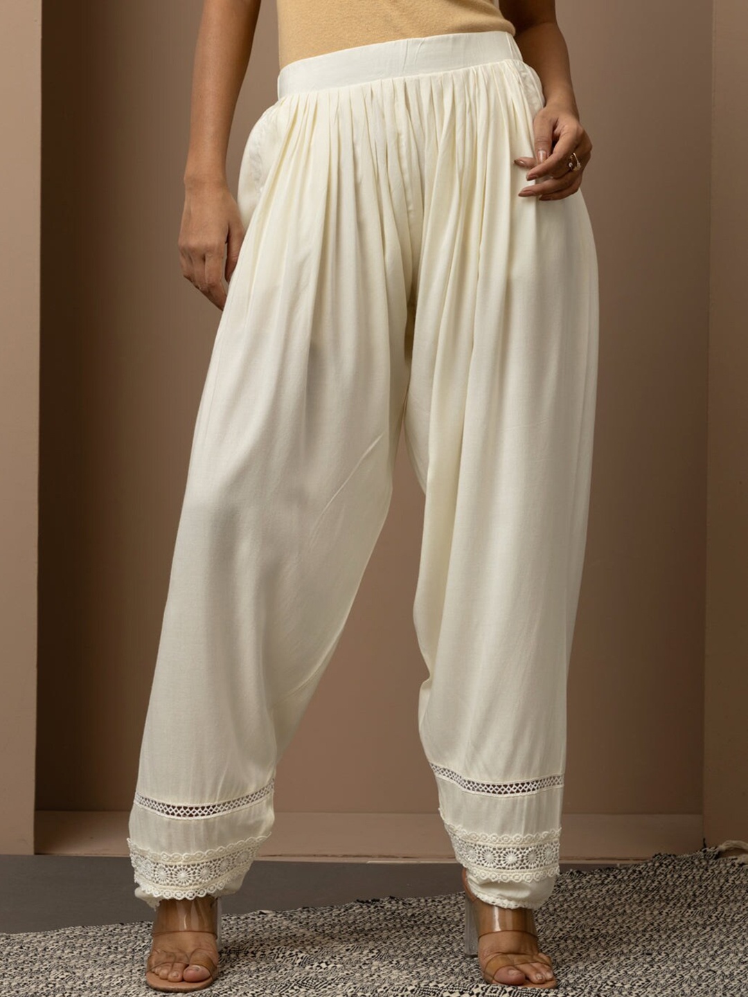 

Lakshita Women Lace Work Pleated Loose-Fit Salwar, Off white