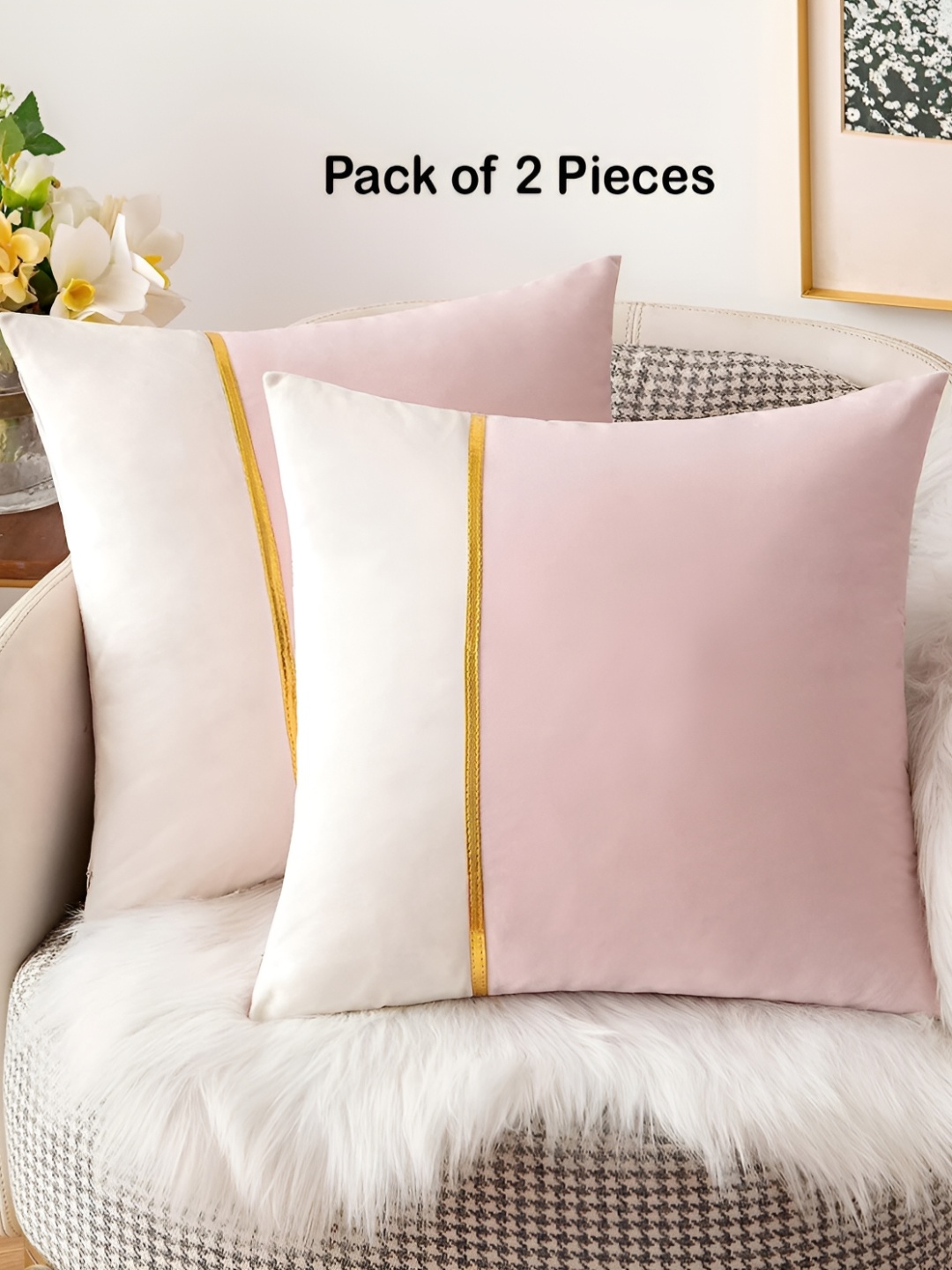 

Vinayaka Fab Pink 2 Pieces Striped Velvet Square Cushion Covers