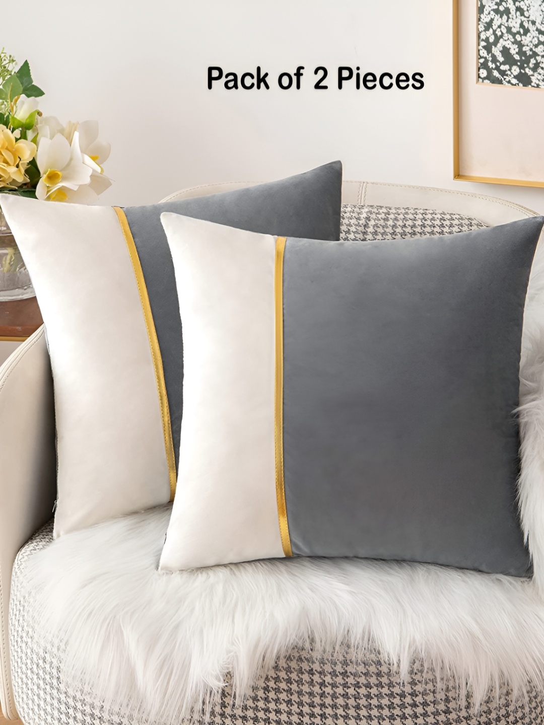 

Vinayaka Fab Grey & White 2 Pieces Striped Velvet Square Cushion Covers