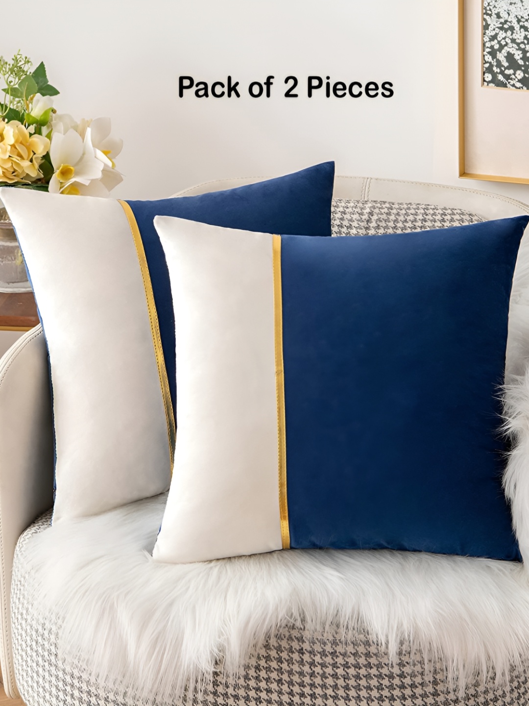 

Vinayaka Fab Blue & White 2 Pieces Striped Velvet Square Cushion Covers