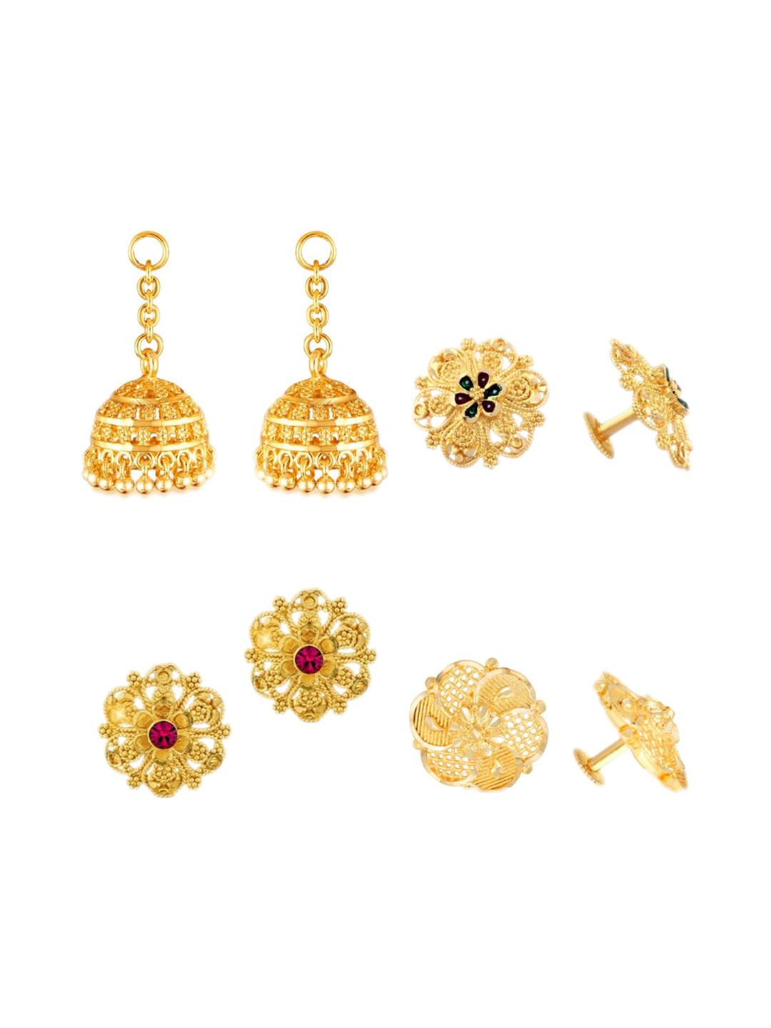 

Vighnaharta Set Of 3 Gold-Pleated Floral Removable Jhumki with Studs Earrings