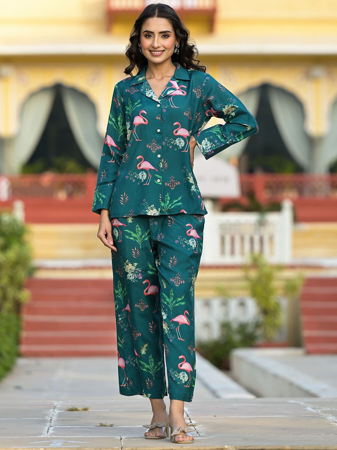

KALINI Floral Printed Muslin Top & Trousers Co-ord Set, Green