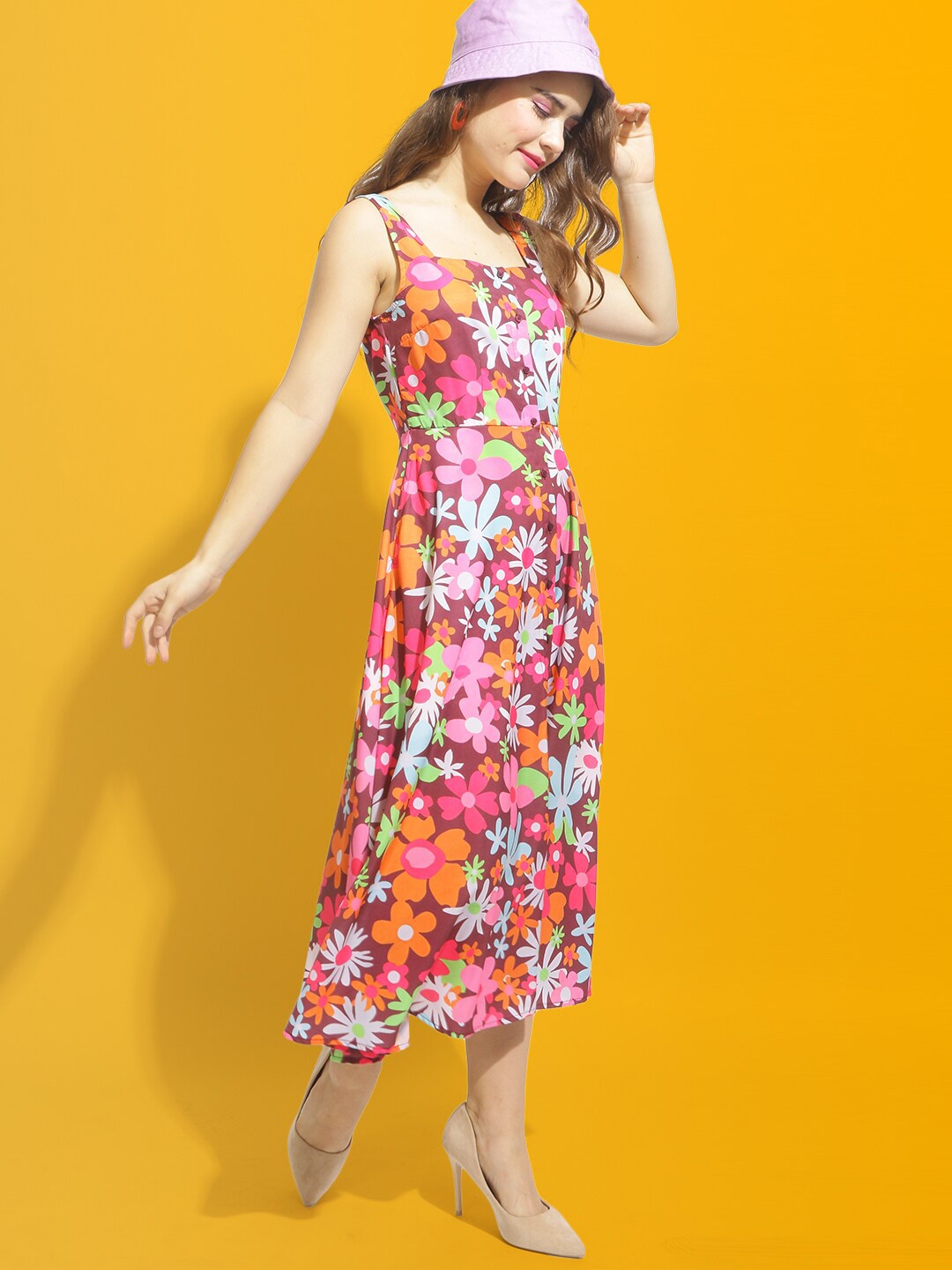 

Mast & Harbour Maroon & Pink Floral Printed A Line Midi Dress