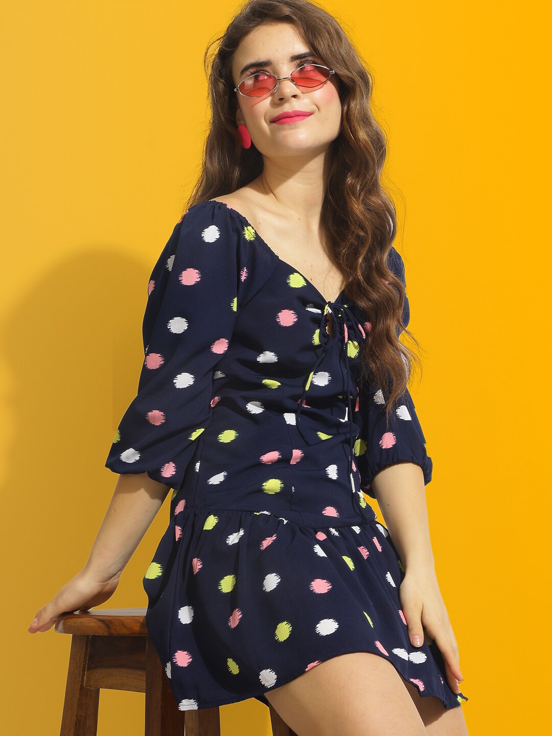 

Mast & Harbour Navy Blue & Pink Polka Dots Printed A Line Mini Dress