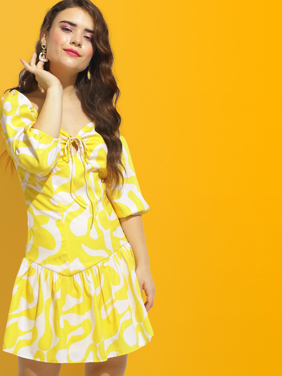 

Mast & Harbour Yellow & White Abstract Printed A Line Dress