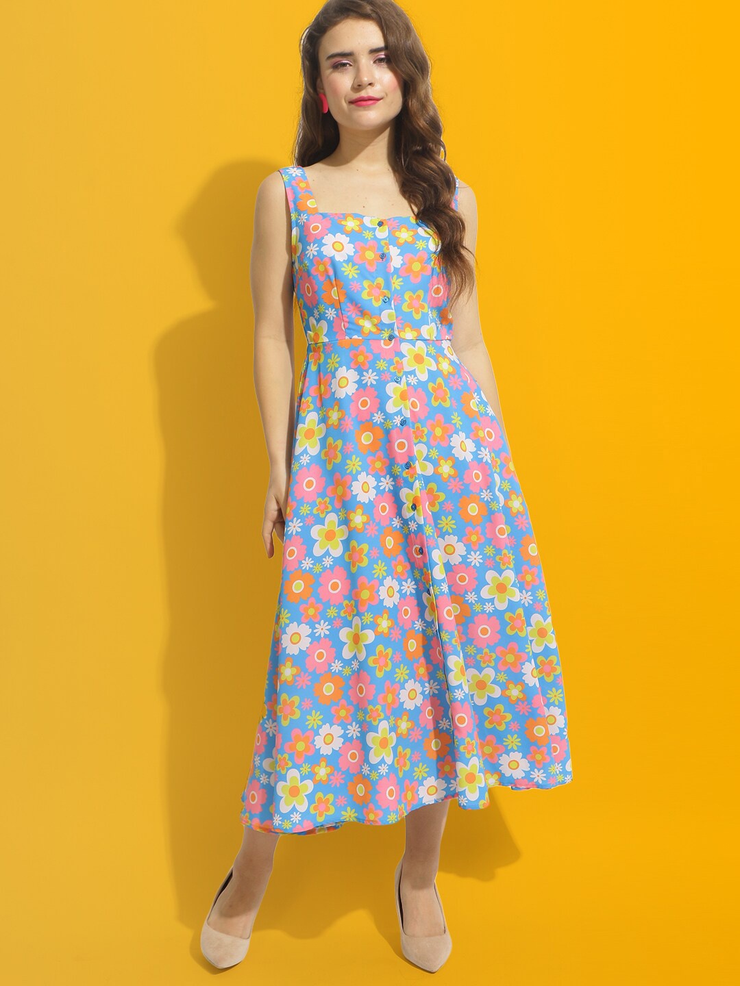 

Mast & Harbour Blue & Red Floral Printed A Line Midi Dress