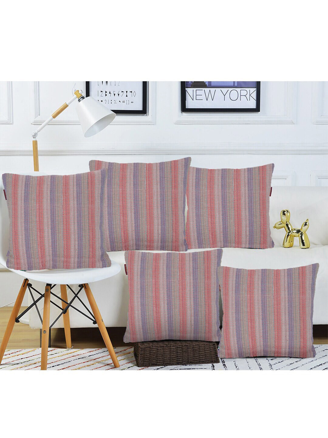 

KLOTTHE Blue & Red 5 Pieces Striped Pure Cotton Square Cushion Covers