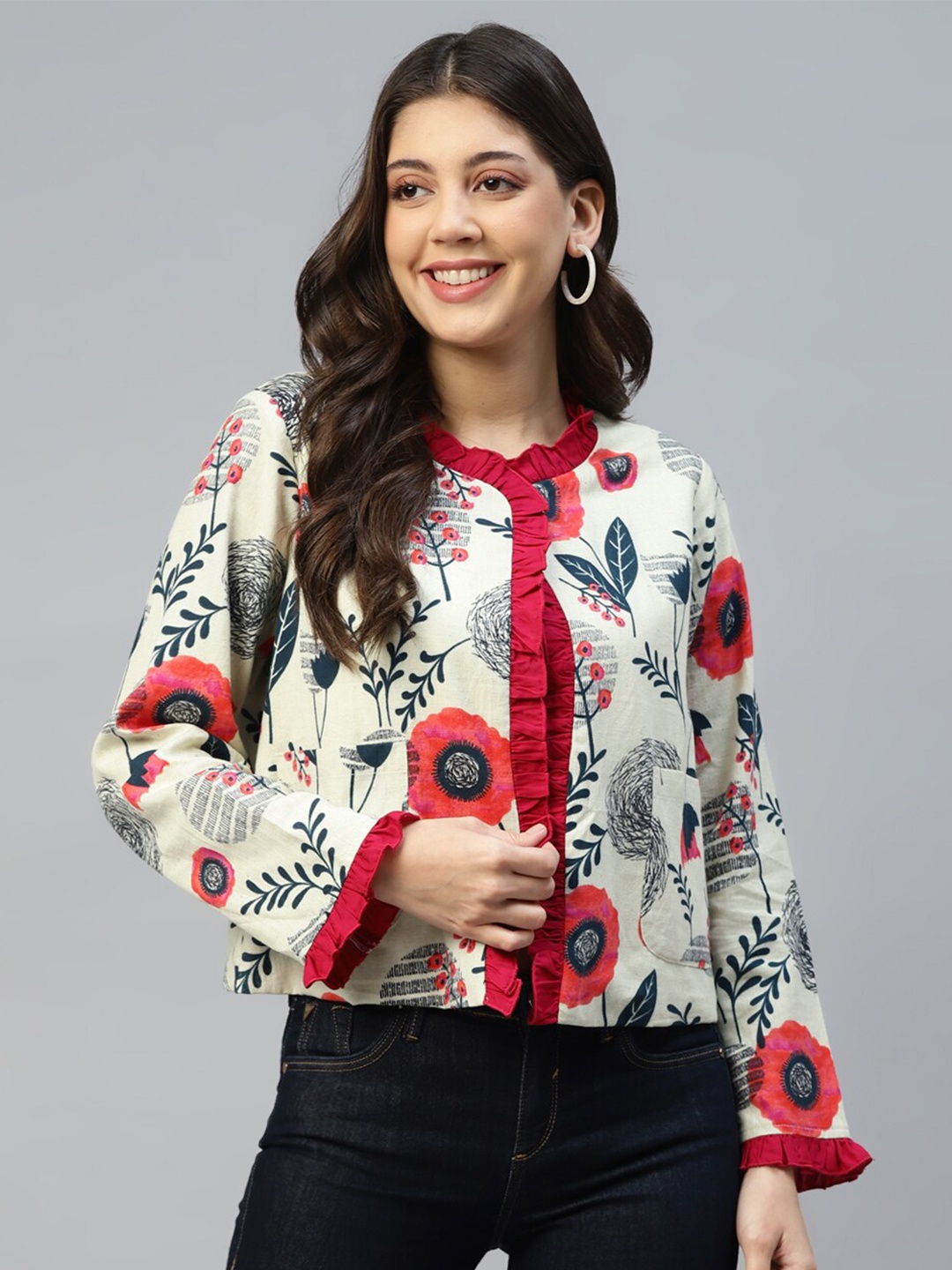 

DEEBACO Women Floral Print Round Neck Cotton Shrug With Ruffles, White