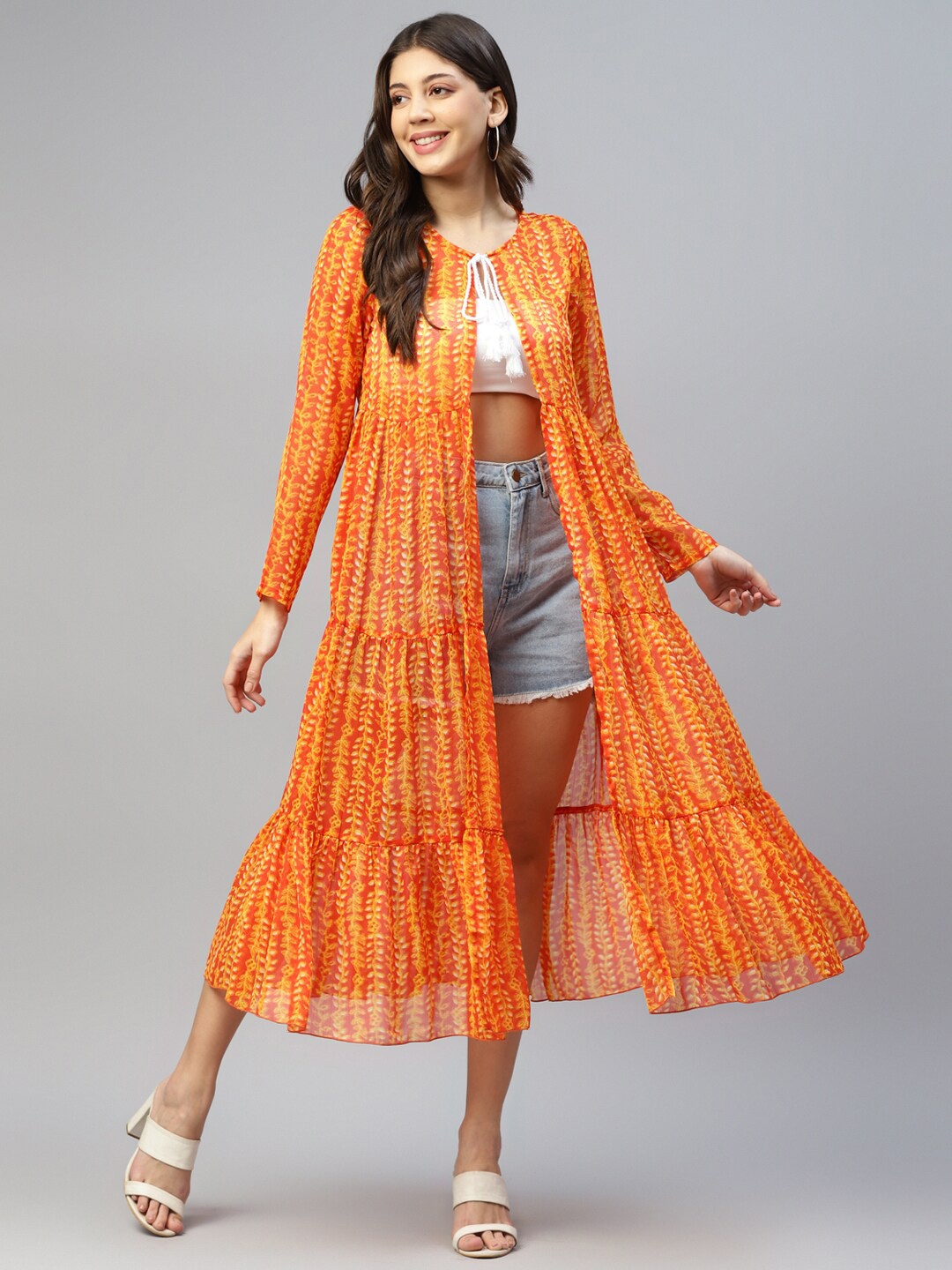 

DEEBACO Leaf Chiffon Tie-Up Neck Shrug, Orange