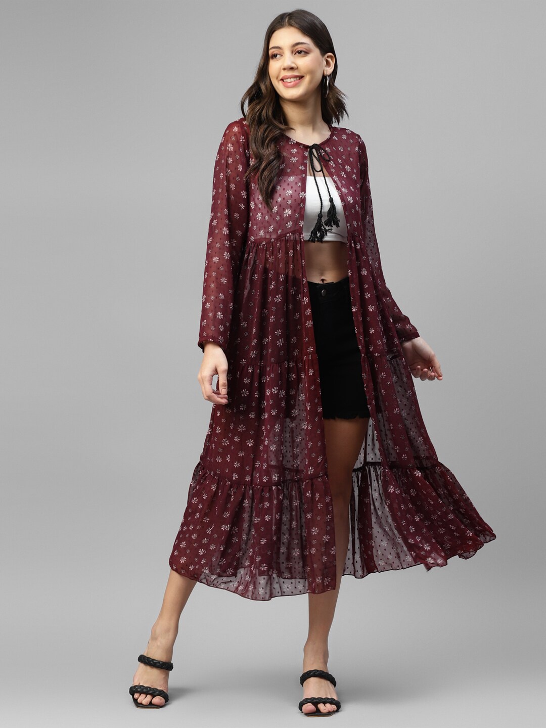 

DEEBACO Floral Printed Georgette Tie-Up Neck Shrug, Maroon