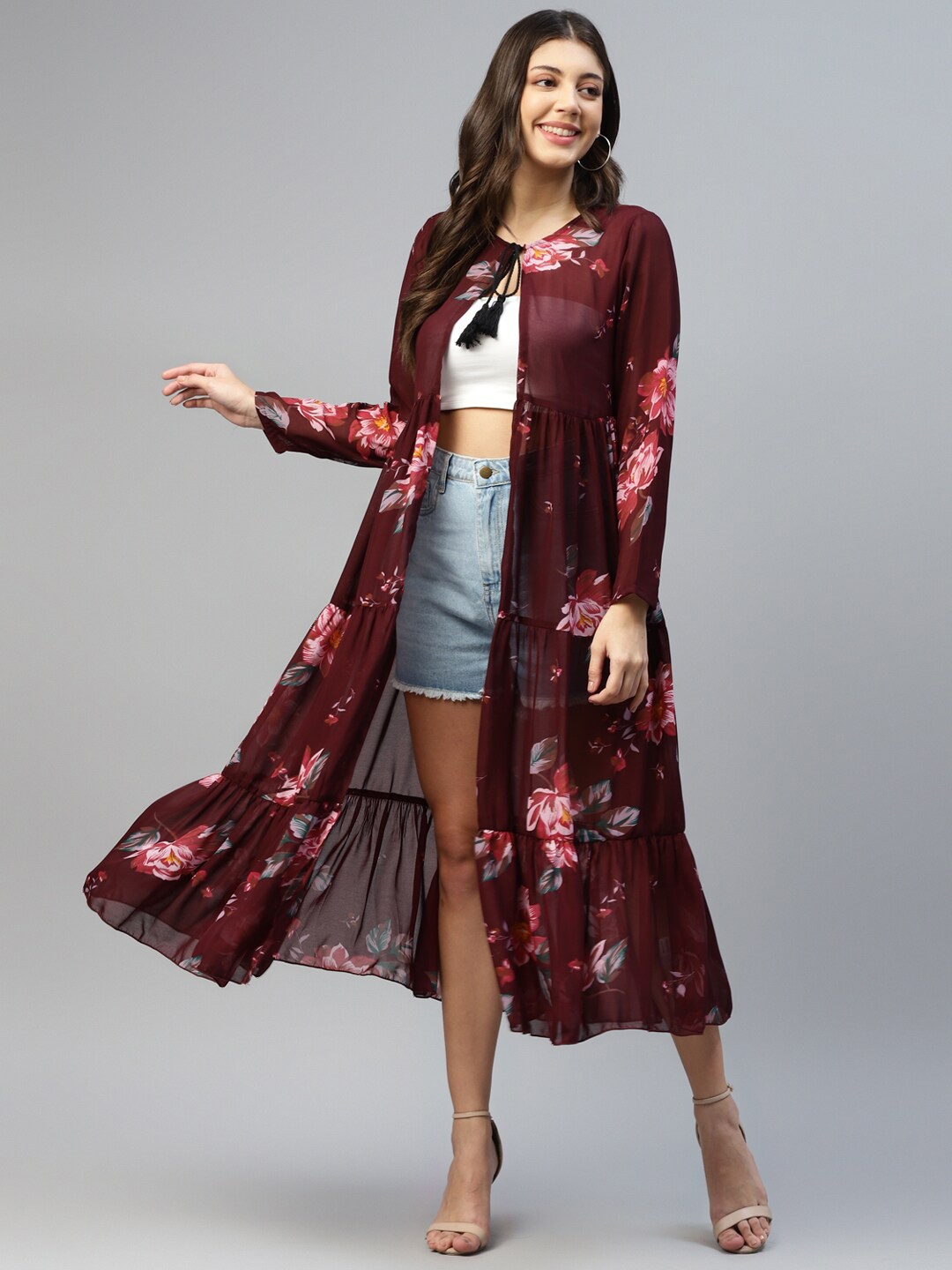 

DEEBACO Floral Printed Georgette Tie-Up Neck Shrug, Maroon