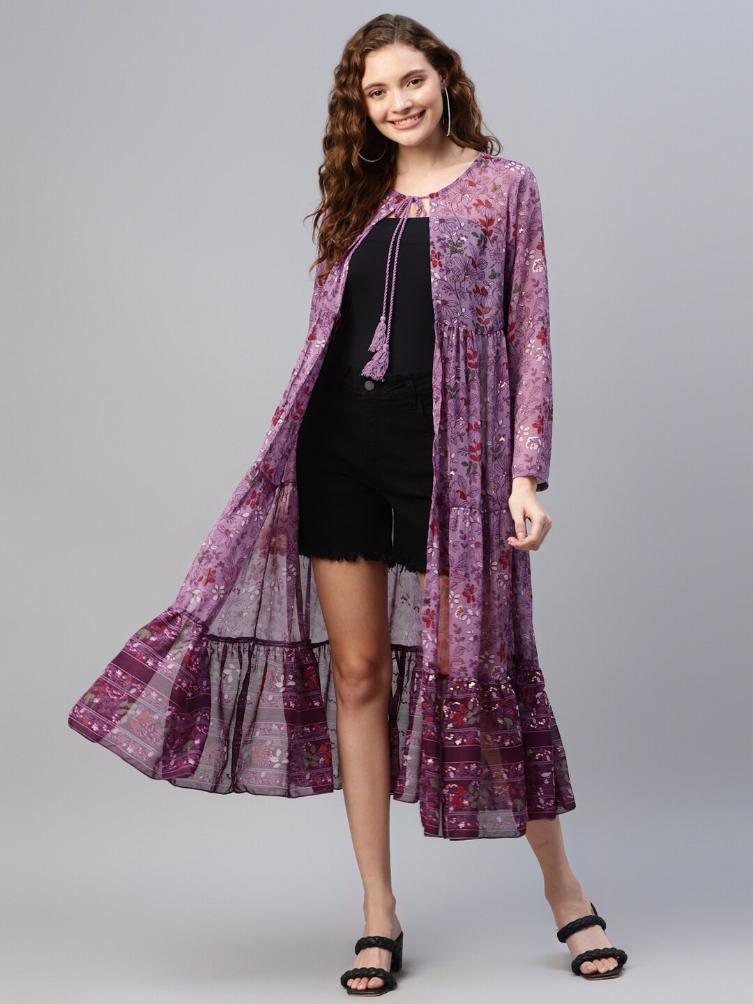 

DEEBACO Floral Georgette Tie-Up Neck Shrug, Lavender