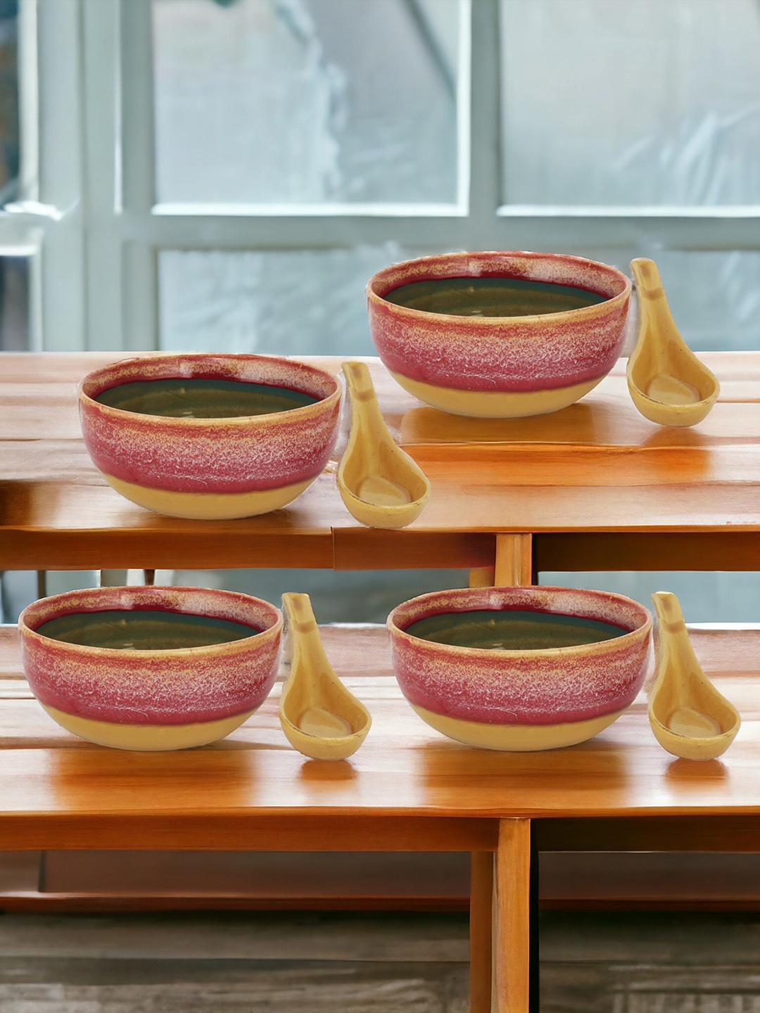 

Kittens 8 Pcs Pink & Mustard Yellow Textured Ceramic Glossy Soup Bowl with Spoon