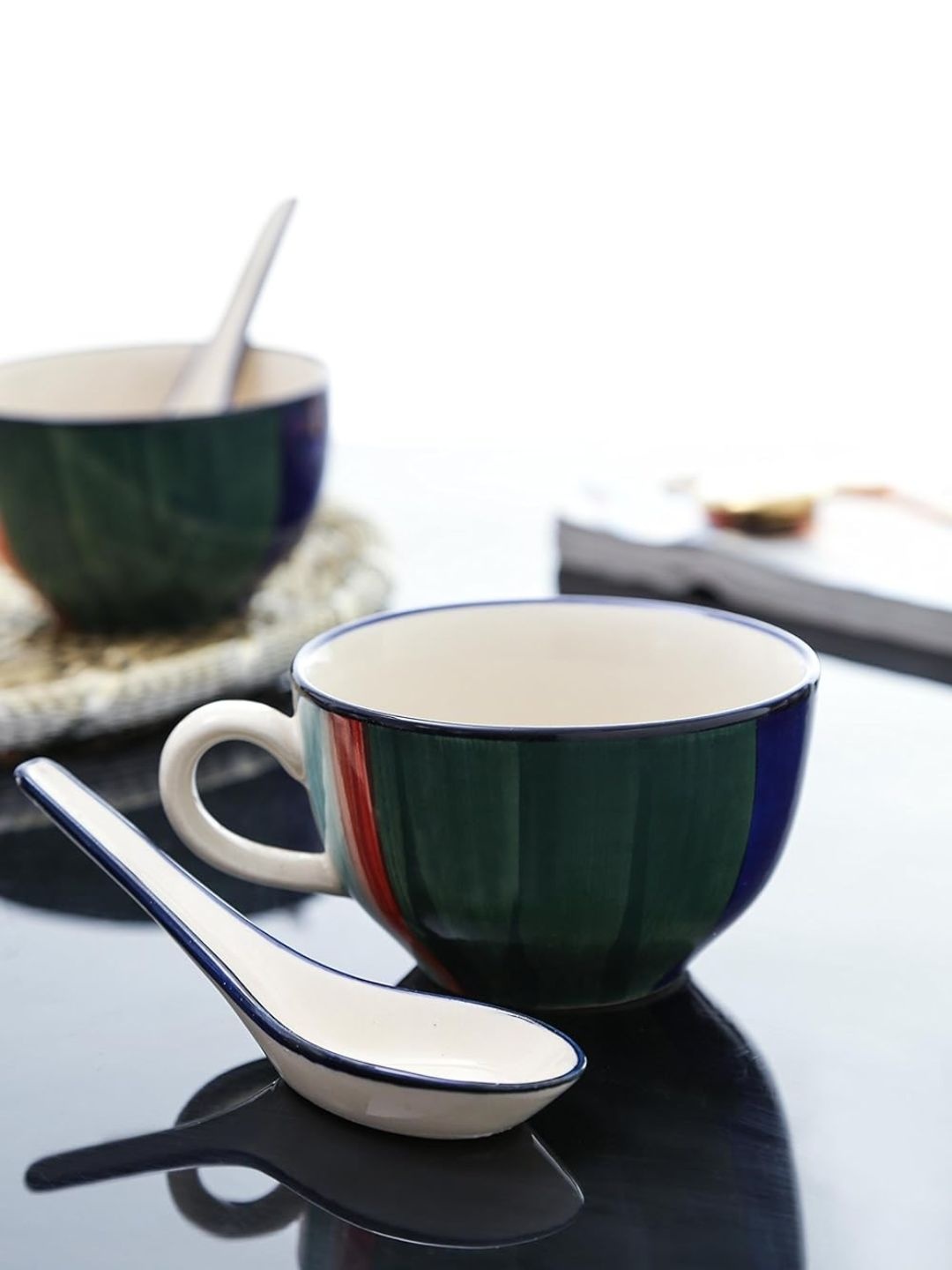 

Kittens Red & Blue 2 Pcs Hand Painted Ceramic Glossy Handled Soup Bowls & Spoons 300ml