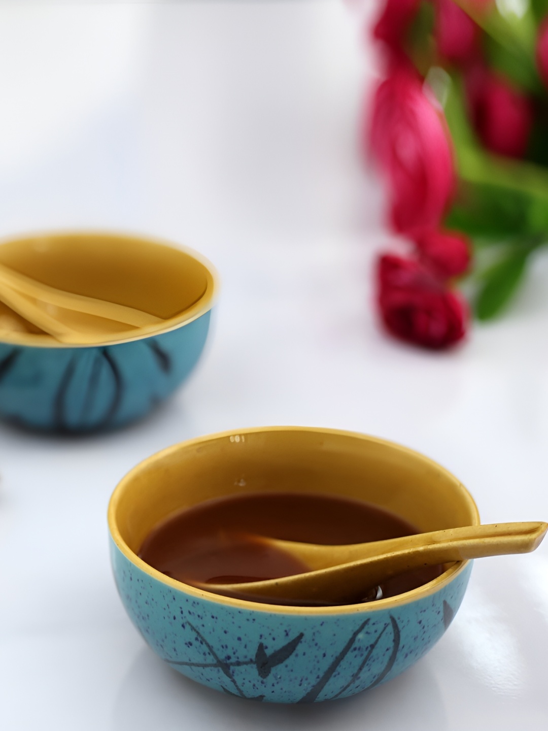 

Kittens Blue & Mustard 2 Pieces Ceramic Glossy Bowls With Spoons